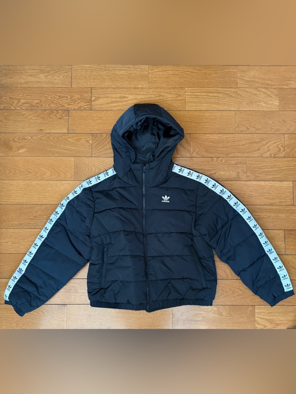 adidas Black Hooded Puffer Jacket with White Trefoil Sleeve Tape